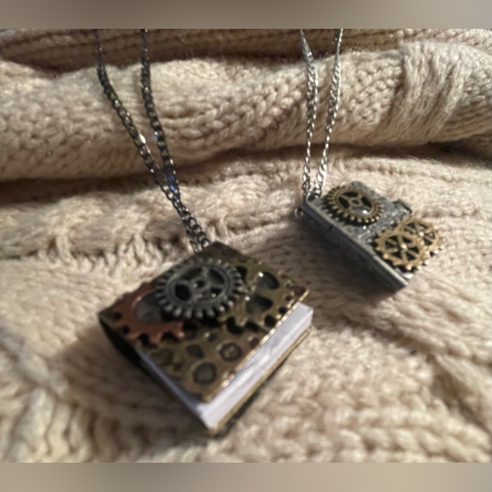 Brown and Silver Book Pendant Necklaces